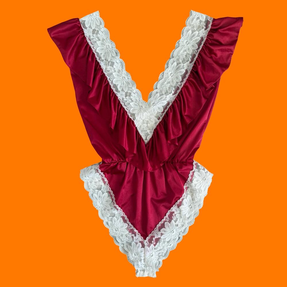 70's 80's vintage romantic ruffled lace teddy hi cut lingerie one piece SMALL